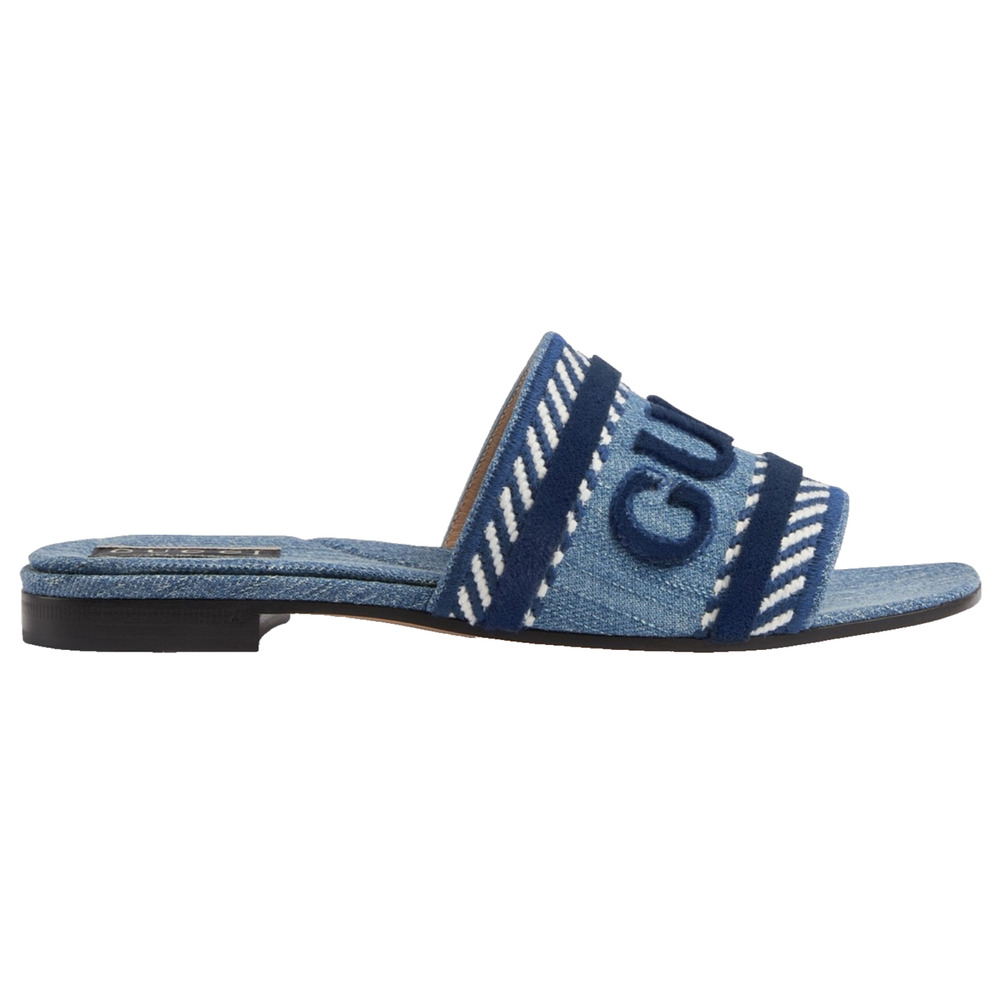 Gucci Jane Light Blue Denim Velvet Logo Mule Flat Slide Slip On Sandal 37 - Picture 1 of 16